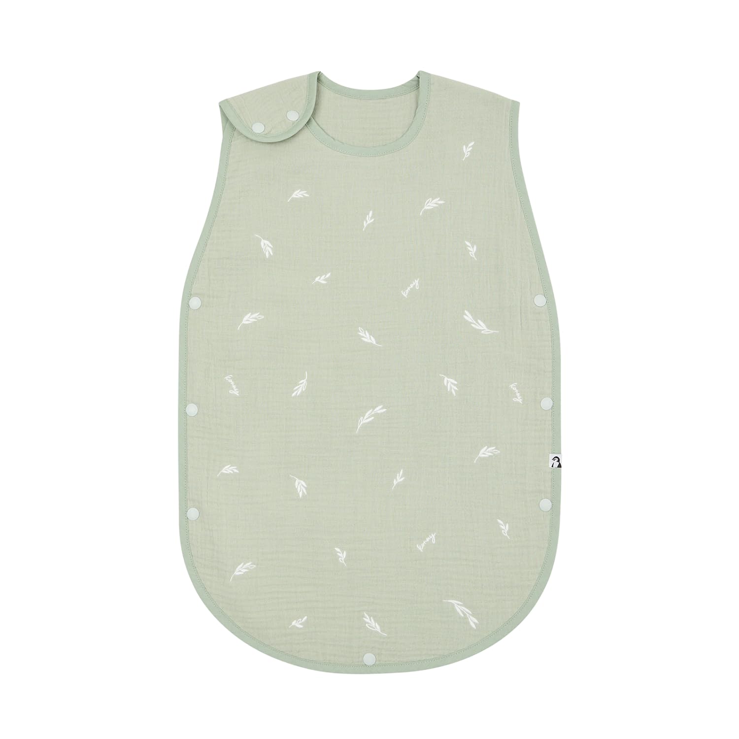 Konny toddler sleep sack in green leaf, flatlay showing breathable six-layer cotton gauze.