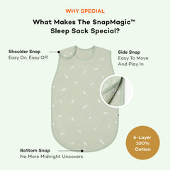 Konny sleep sack worn by toddler, easy shoulder and side snaps for quick changes.