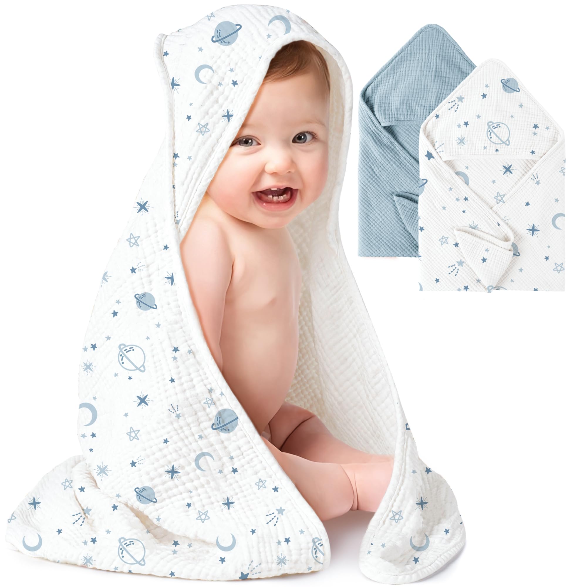 Konssy 2-pack muslin hooded baby towels in blue star, ultra-soft and absorbent for newborns.
