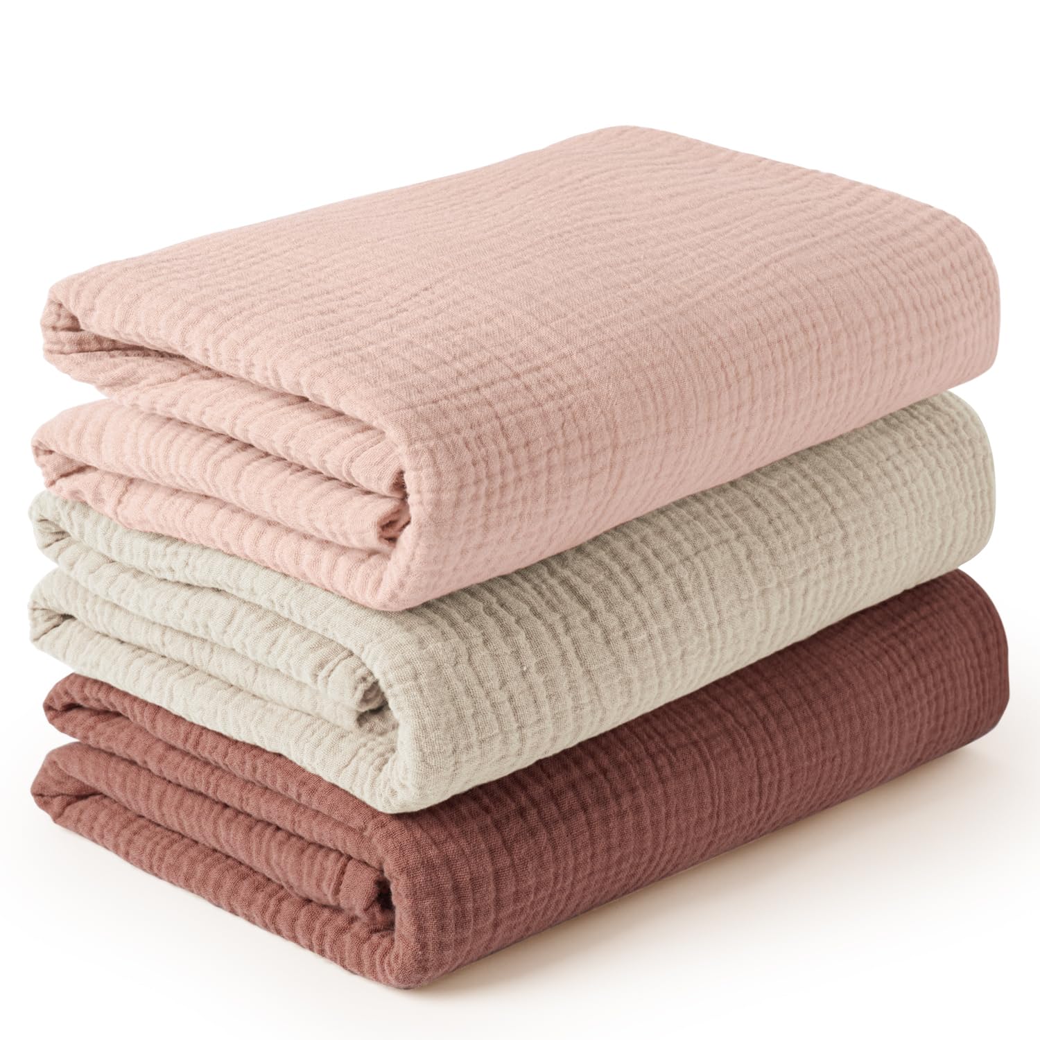 Konssy 3-pack muslin swaddle set—soft blankets for newborn comfort.