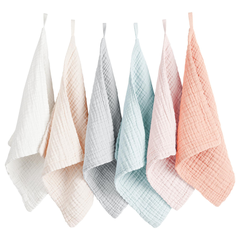 Konssy baby muslin washcloths 6-pack displaying soft, skin-friendly cotton for newborn care.