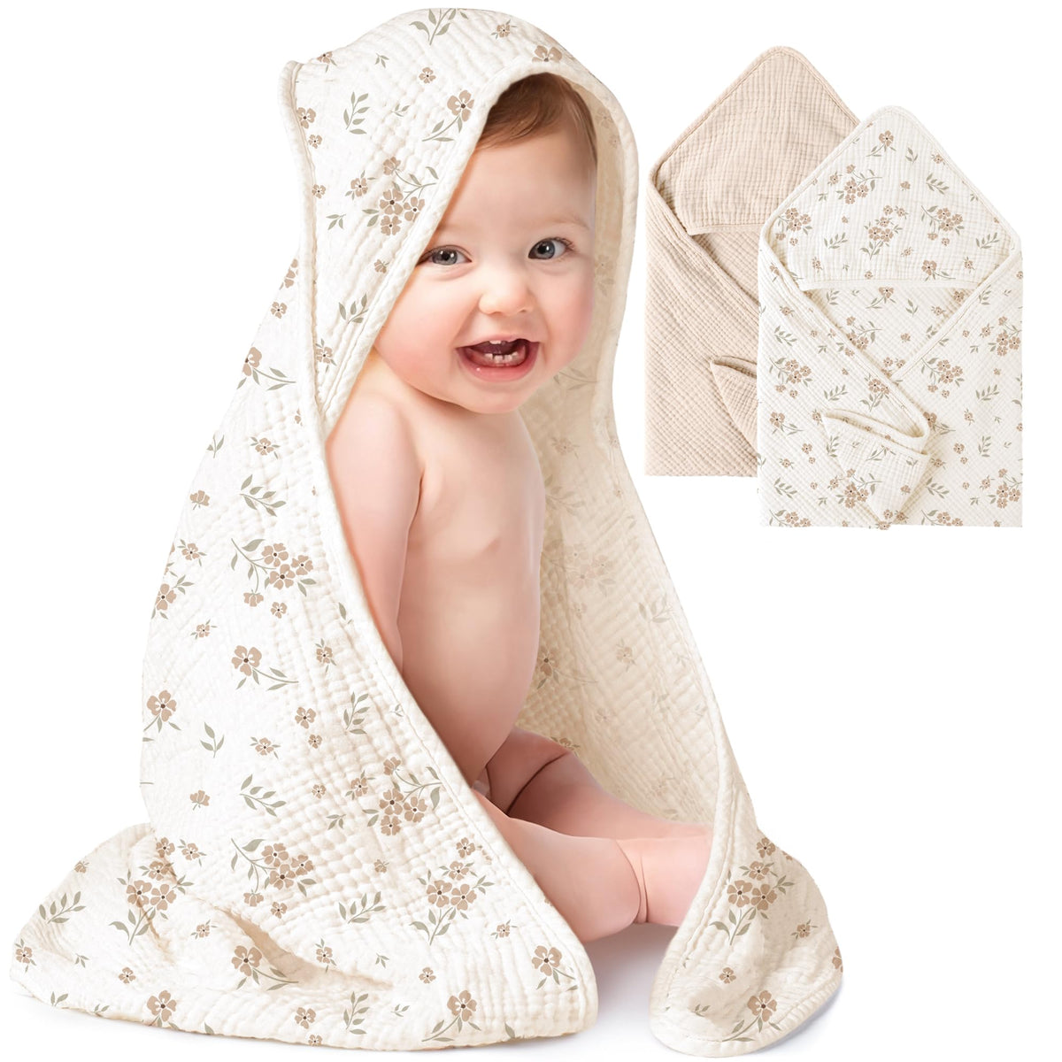 Konssy hooded baby towel in cream close-up showing ultra-soft cotton texture for gentle drying