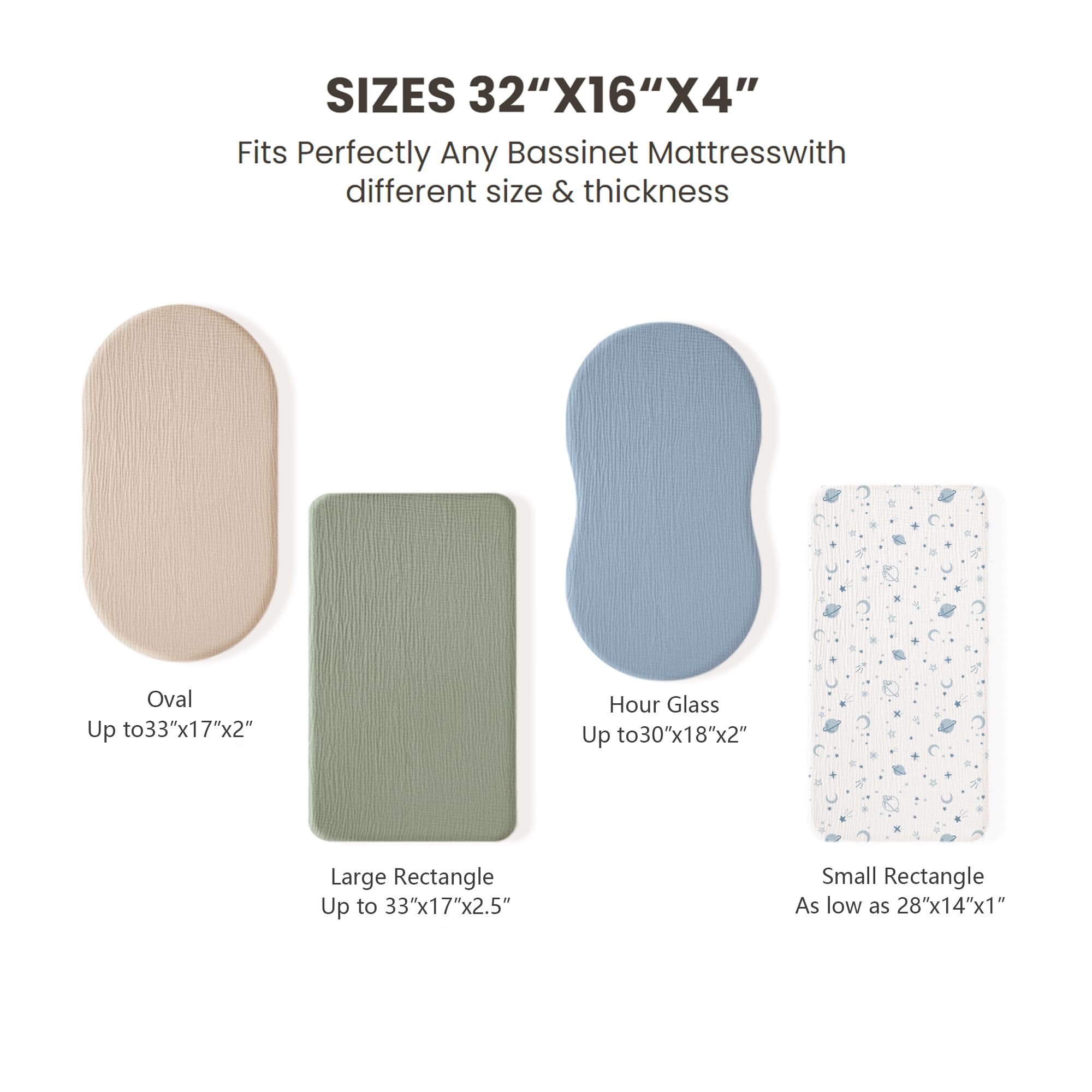 Konssy bassinet sheet hourglass-fit provides secure placement on curved hourglass frames