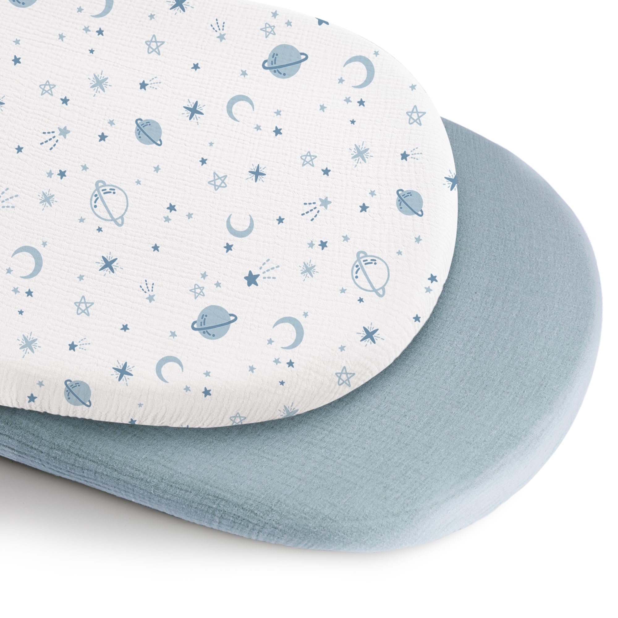 Konssy bassinet sheet star blue close-up showing soft breathable fabric for newborn comfort