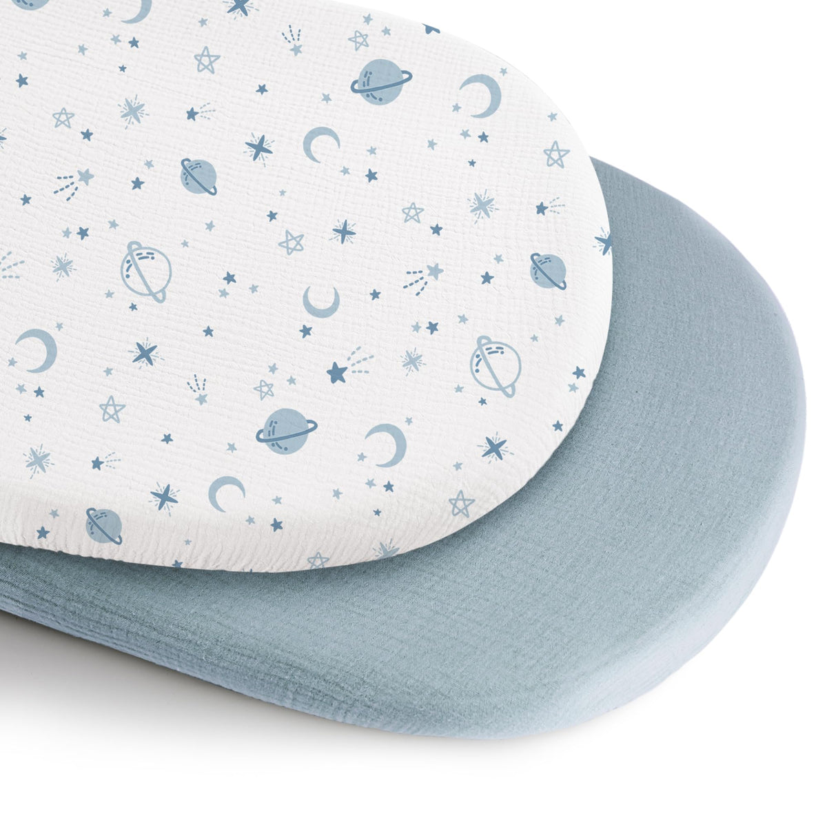 Konssy bassinet sheet star blue close-up showing soft breathable fabric for newborn comfort