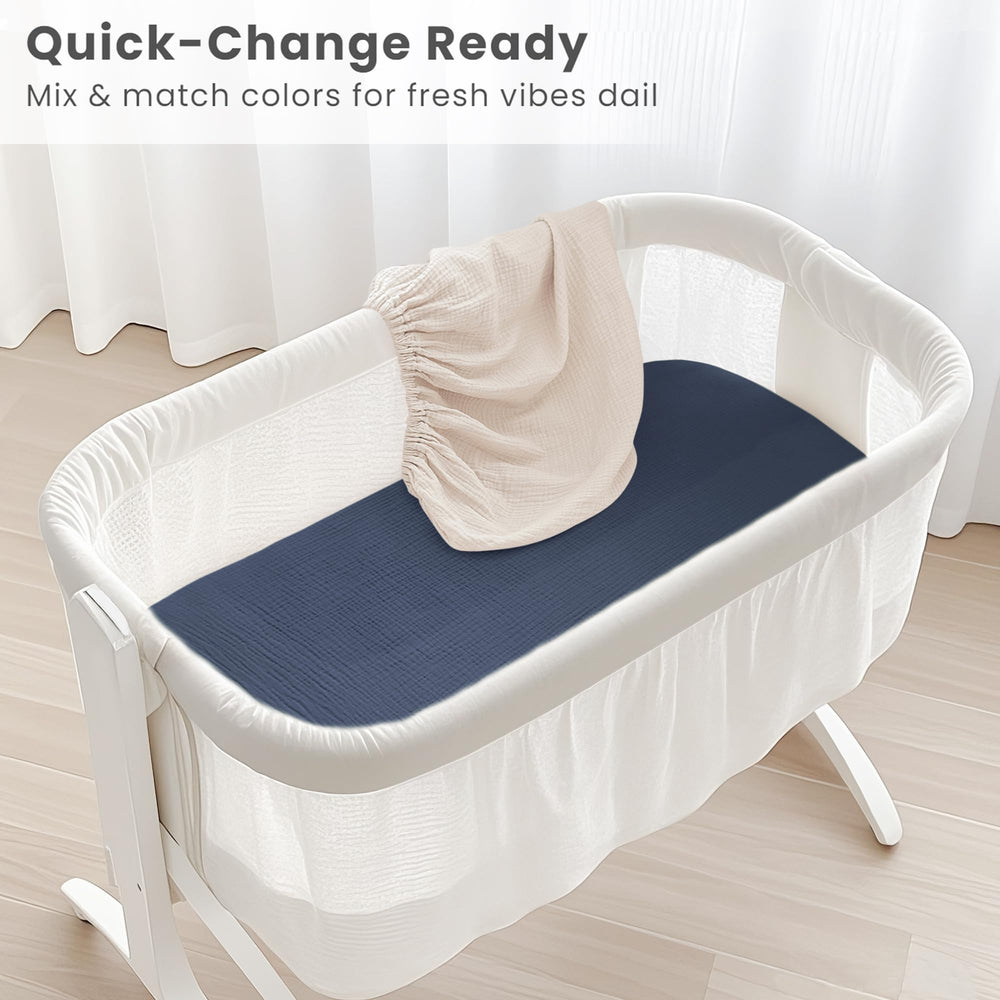 Konssy bassinet sheets on a rectangle mattress demonstrate proper fit and coverage