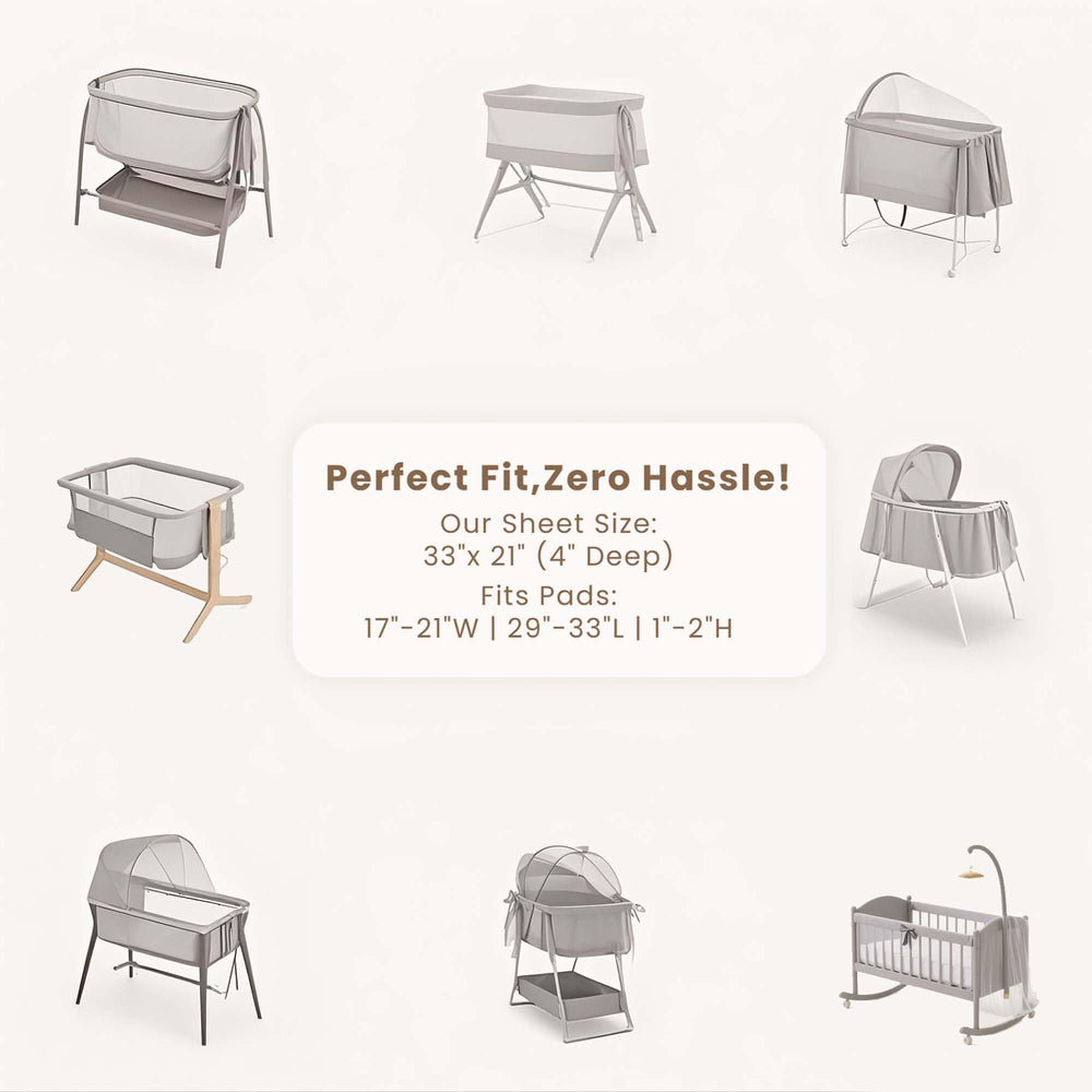 Konssy Blossom bassinet sheets on oval and rectangle shapes show universal compatibility