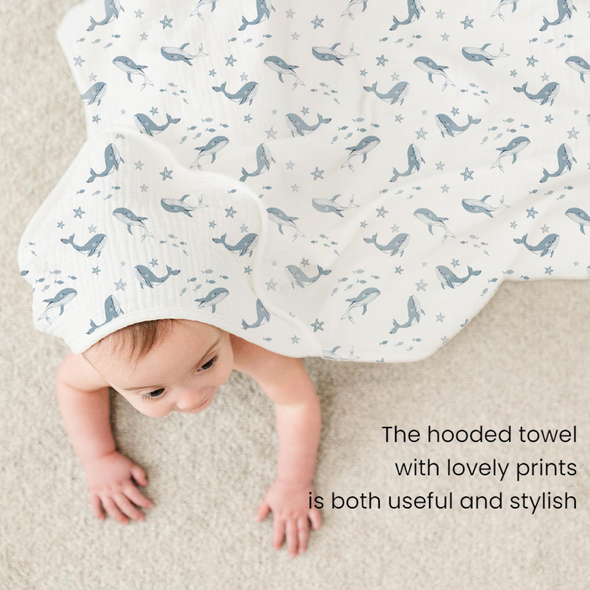 Hooded towel dries hair and keeps head warm after bath.