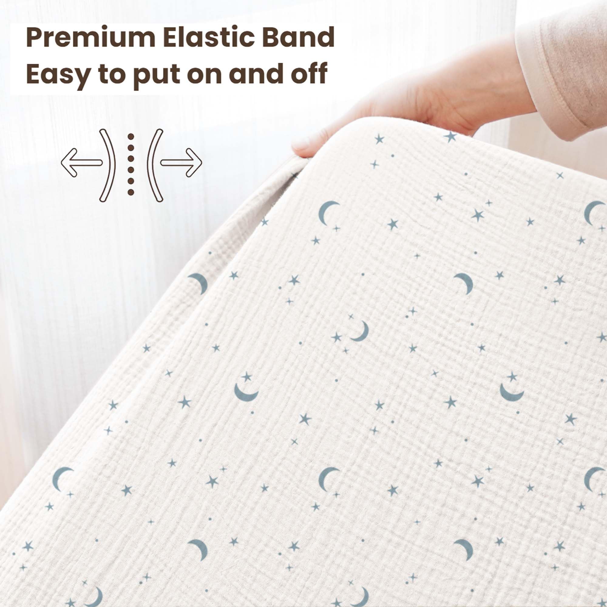 Konssy Dreamfield Sky sheets demonstrating a secure 360-degree elastic fit