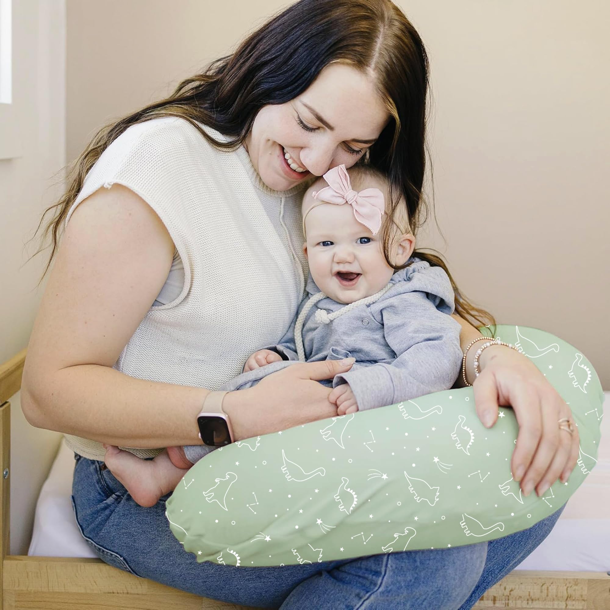 Konssy Dino Jungle nursing pillow cover with stretchy edges for a snug fit on standard pillows.