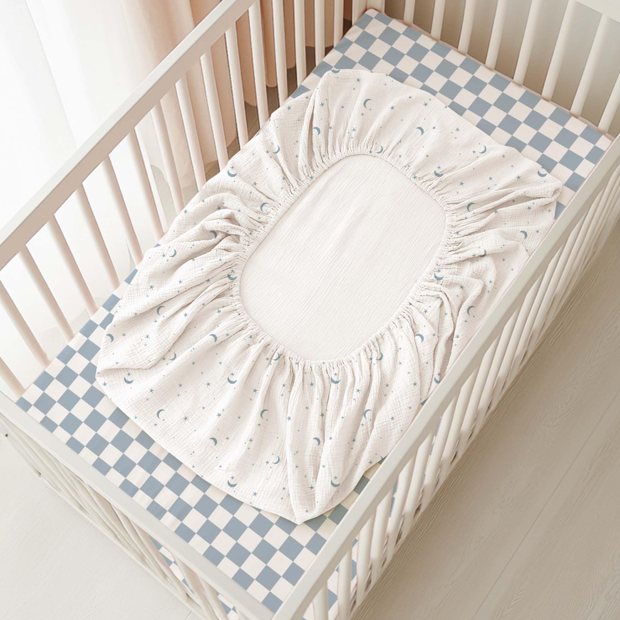 Konssy Dreamfield Sky nursery design with coordinated crib sheets