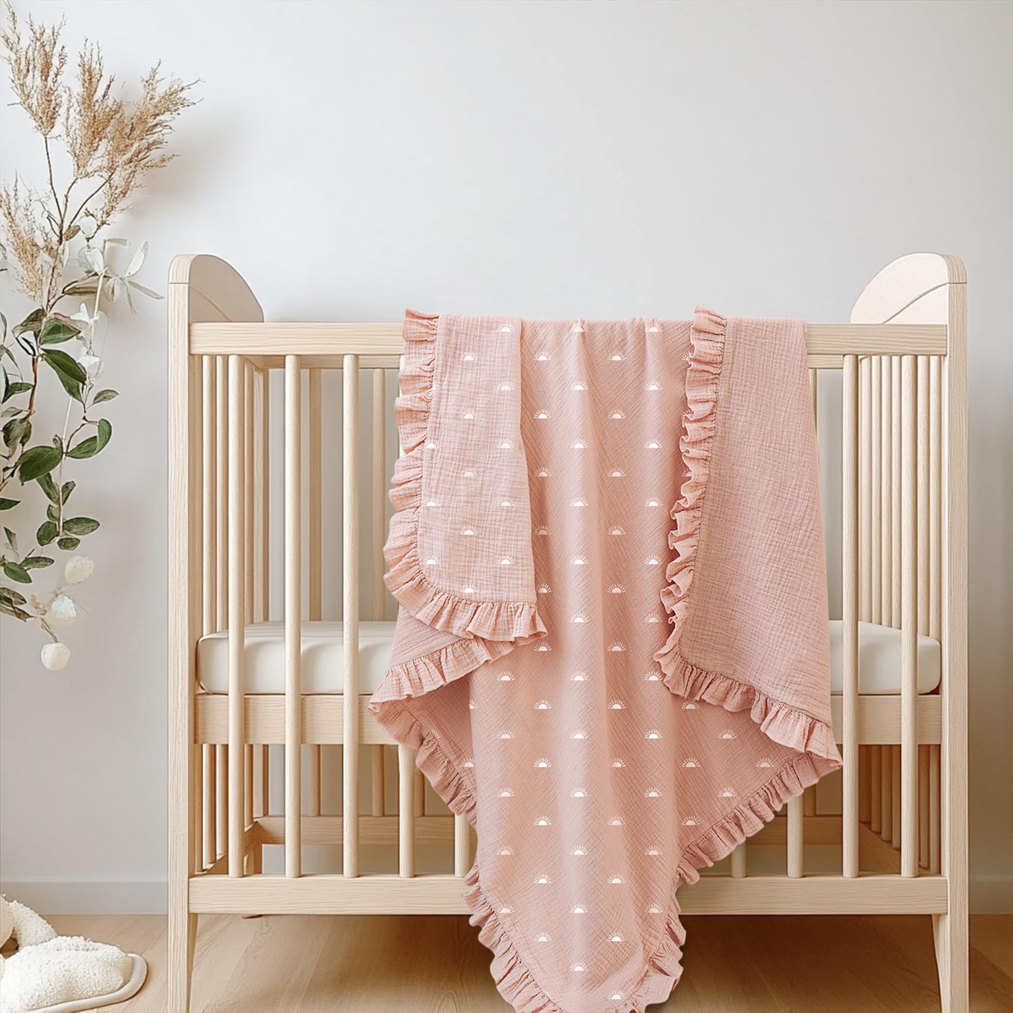 Konssy Flounce Muslin blanket lightweight drape suitable for all-season use.