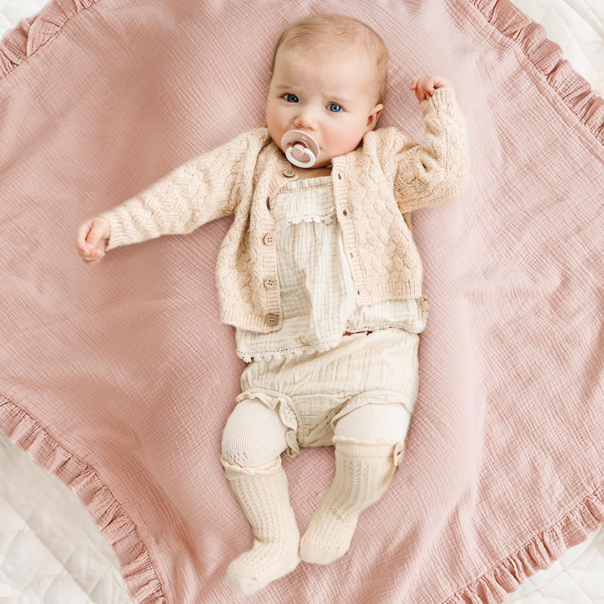 Konssy Flounce Muslin Blanket pink ideal for baby naps and breathability
