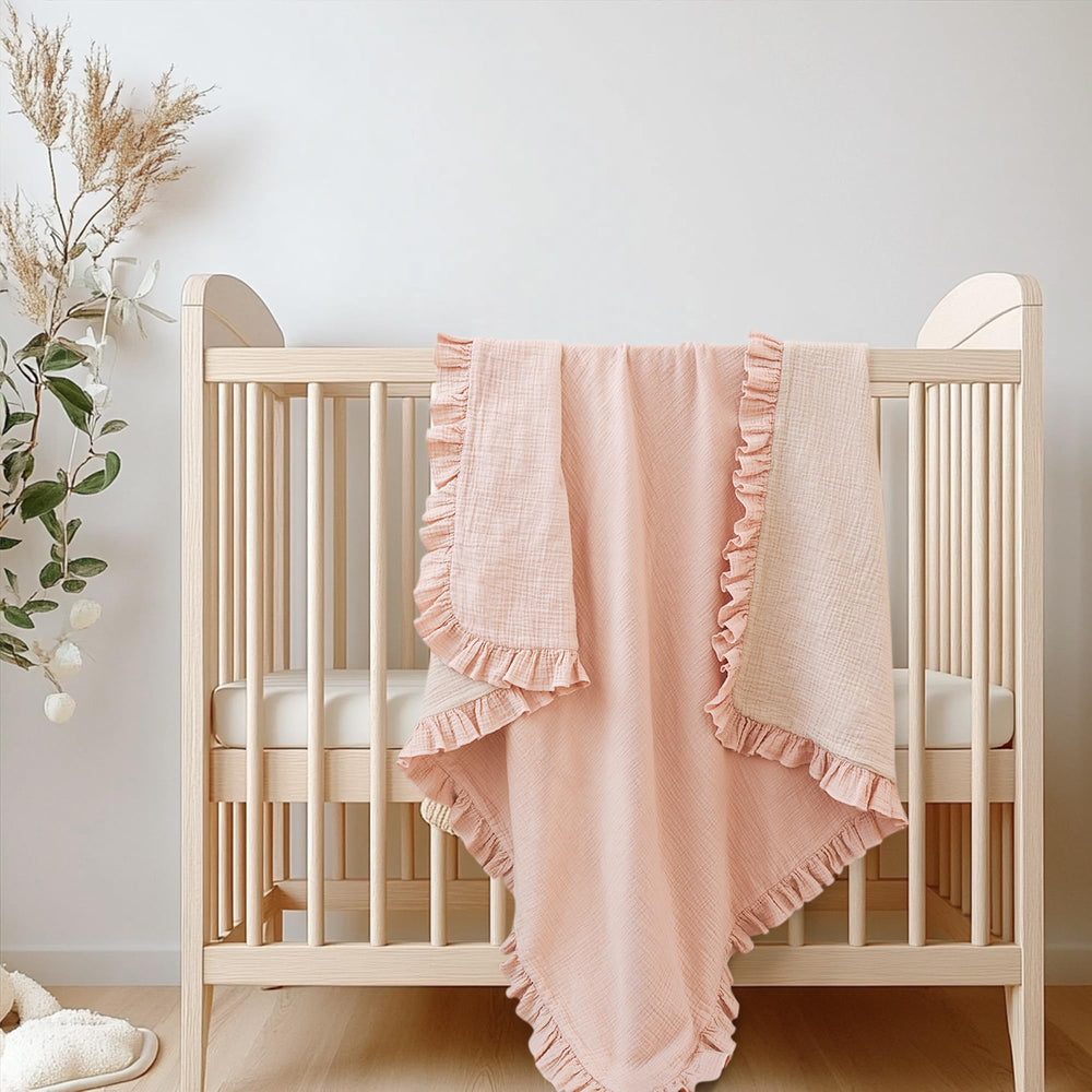 Konssy Flounce Muslin Blanket pink easy-care textile for busy parents