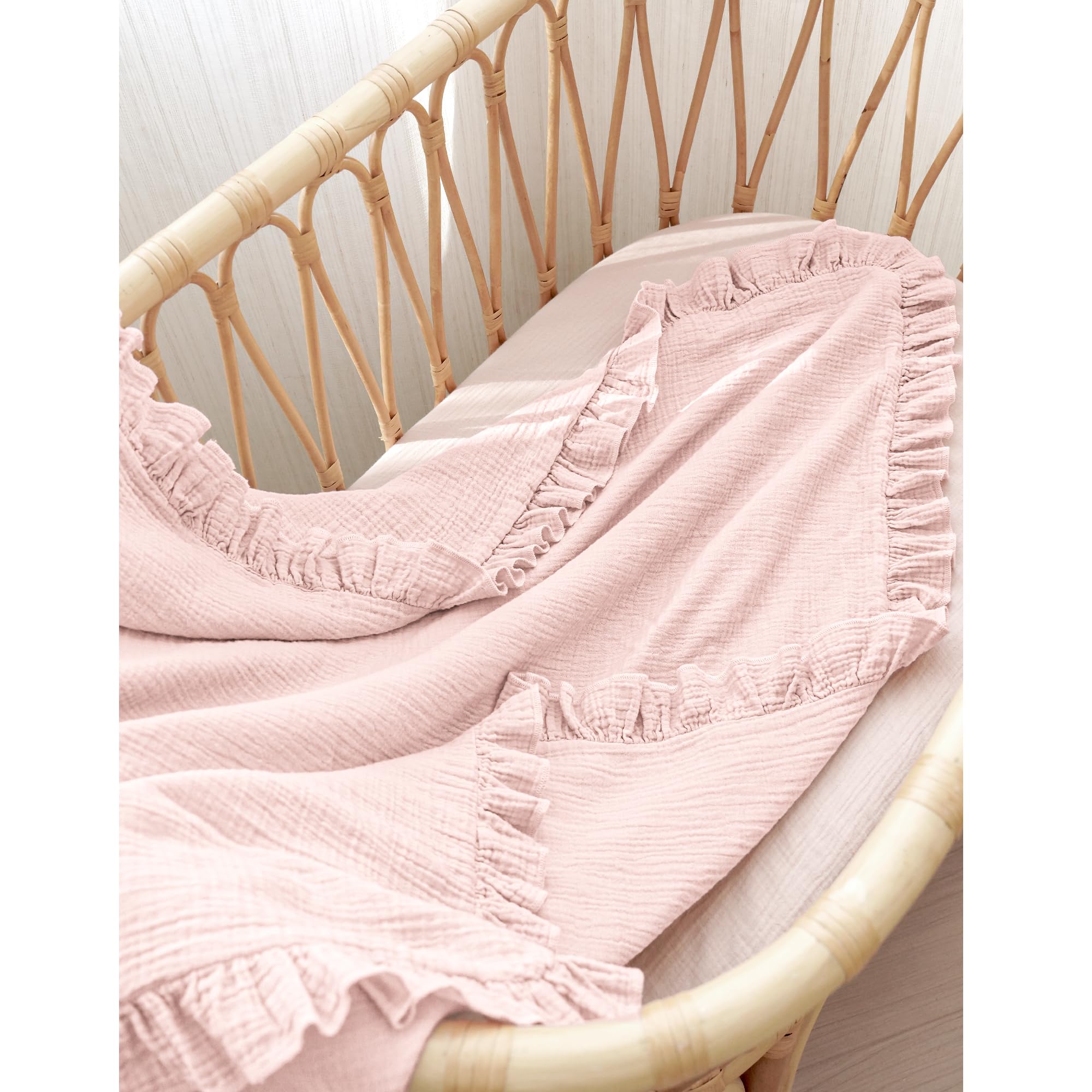 Konssy Flounce Muslin Blanket pink nursery crib setup, breathable comfort