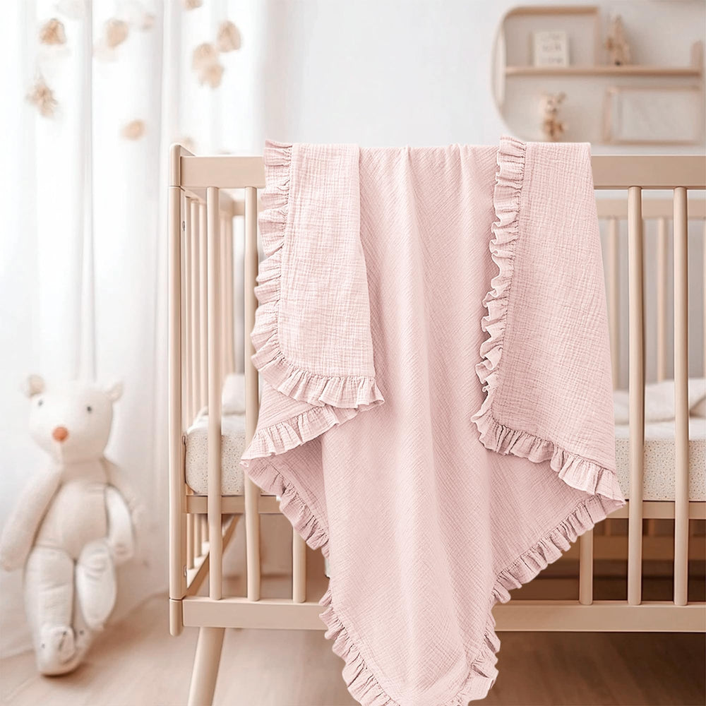 Konssy Flounce Muslin Blanket pink packaging, ready for gifting