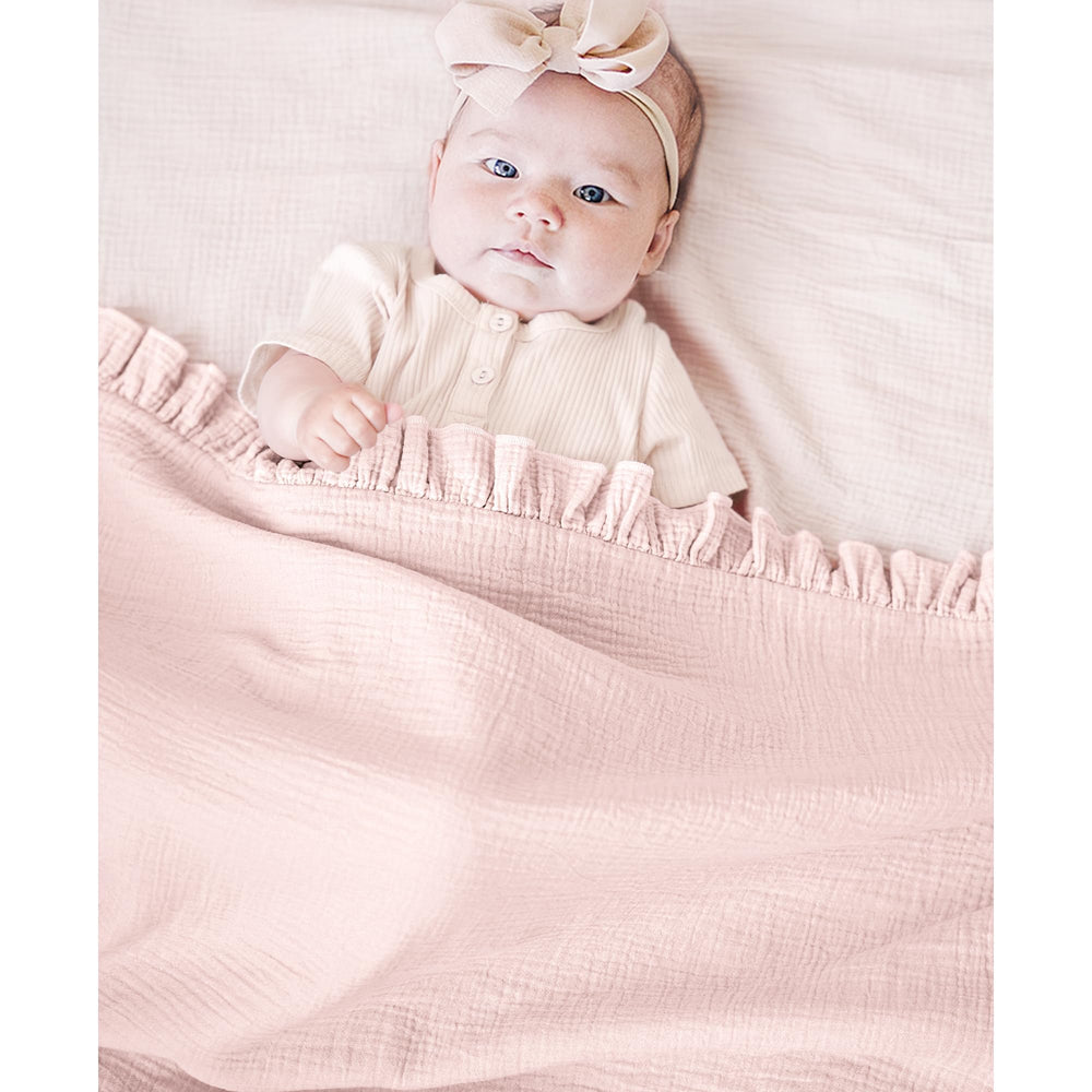 Konssy Flounce Muslin Blanket pink stroller cover in use, lightweight shade and texture