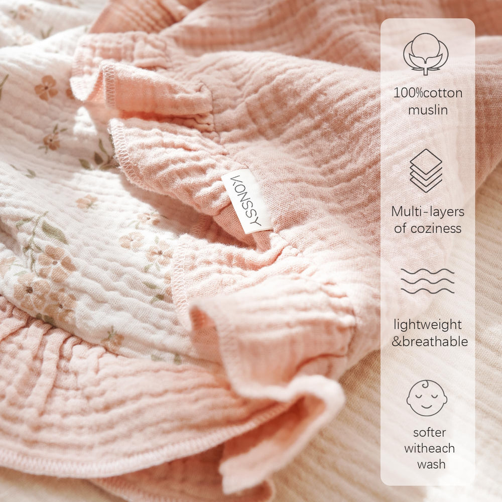 Konssy Flounce Muslin Blanket swaddle setup, helps keep baby snug.