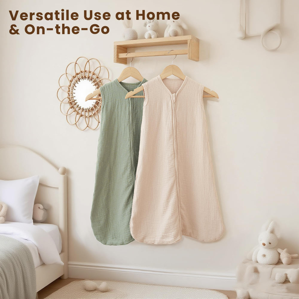 Konssy Gender-neutral sleep sacks in Cream and Fog Green for nurseries.