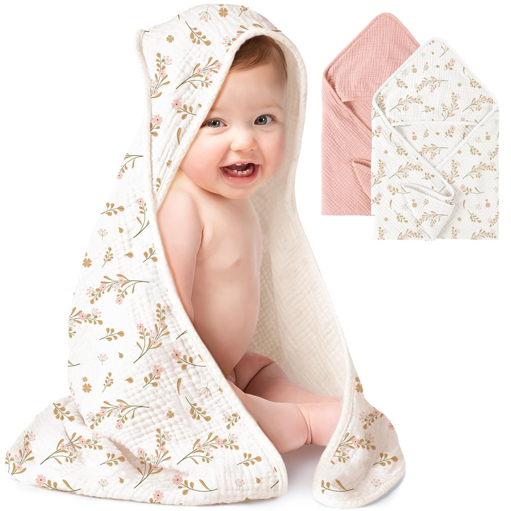 Konssy pink floral hooded baby towel front view, ultra-soft and absorbent