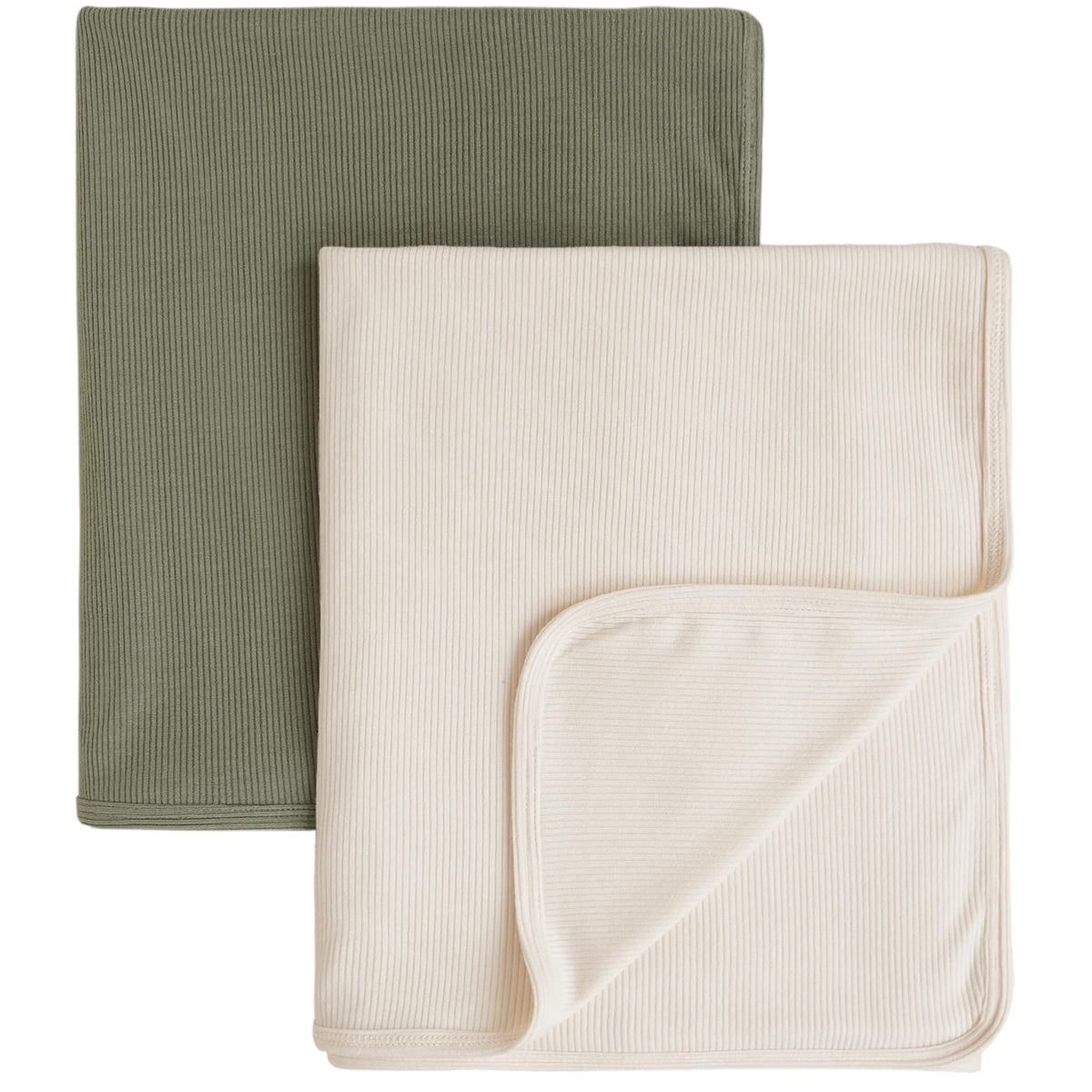 Konssy knit baby blanket in beige and sage shows plush fabric for cozy swaddling.