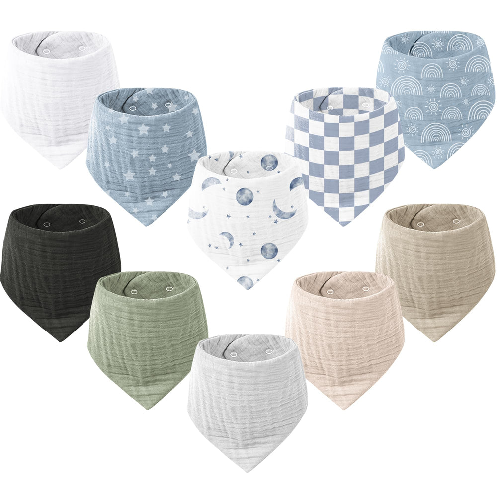 Konssy Muslin Baby Bibs 10-pack flatlay showing versatile drool protection