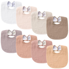 Konssy muslin baby bibs flat lay eight-pack for quick drool cleanup.