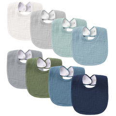 Konssy muslin baby bibs 8-pack, front view, soft cotton on front with absorbent backing