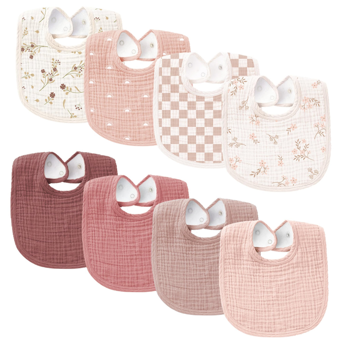 Konssy muslin baby bibs eight-pack front view shows soft absorbent cotton for drool