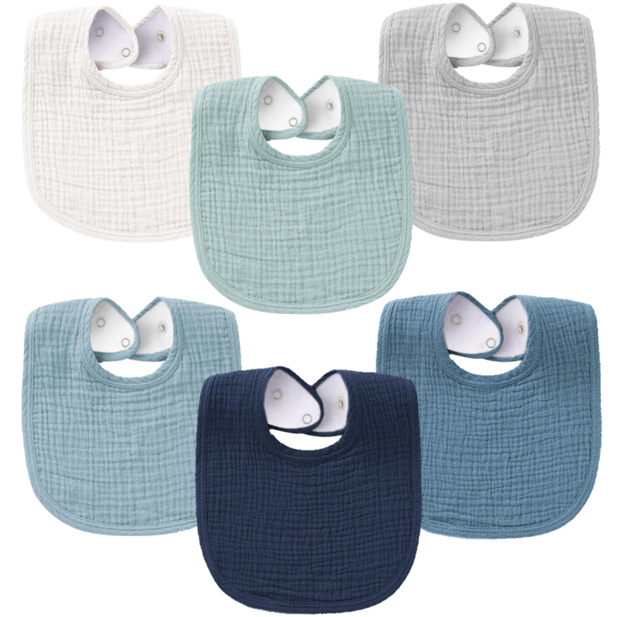 Konssy muslin baby bibs pack of 6 with solid patterns for gentle drool absorption.
