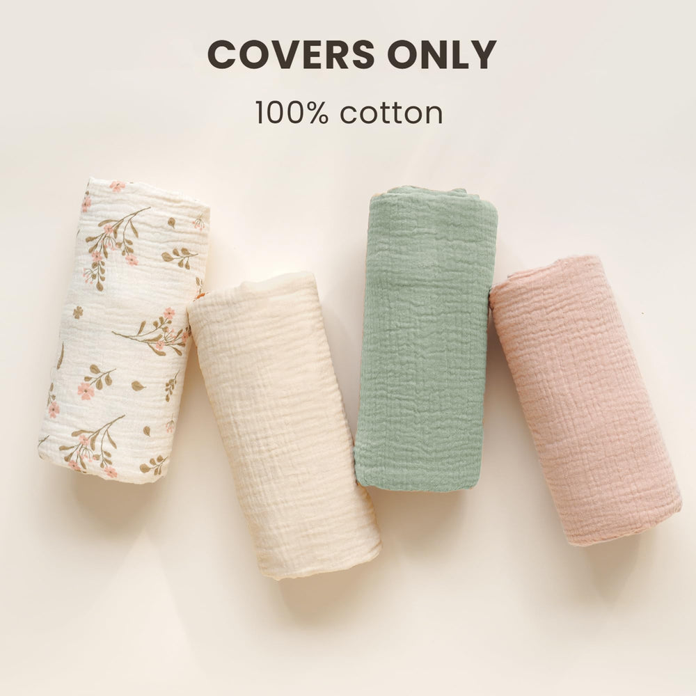 Konssy muslin baby lounger cover closeup, soft fabric texture ideal for sensitive skin.