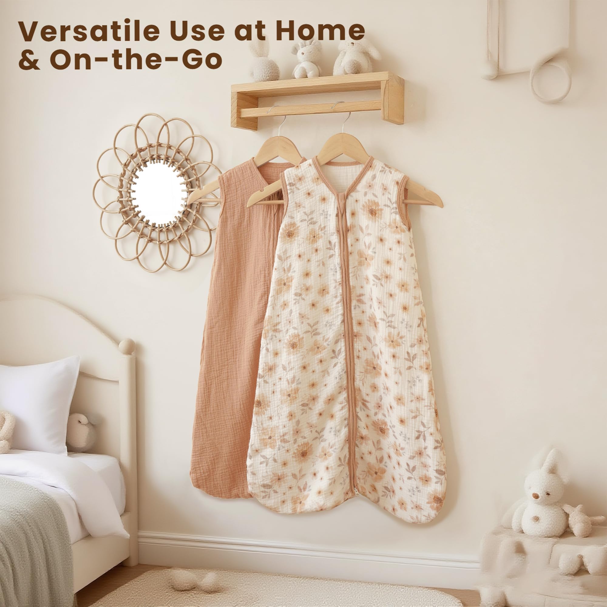 Flourish-Toffee colorway of Konssy Sleep Sack complements nursery decor