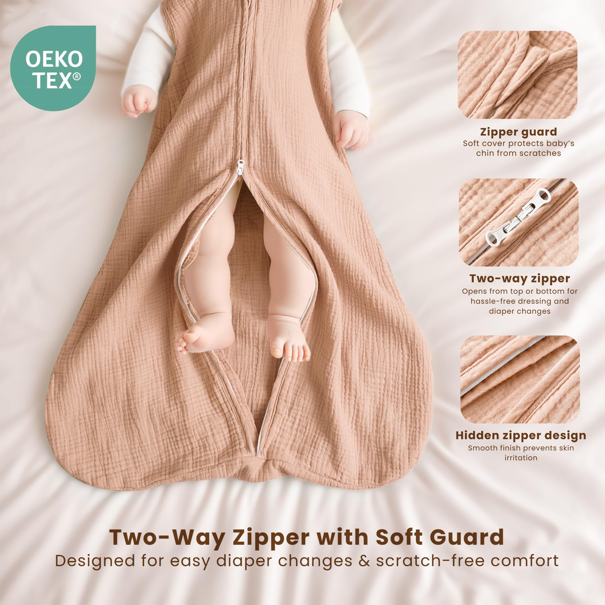 Roomy bottom design on Konssy Muslin Sleep Sack supports natural movement