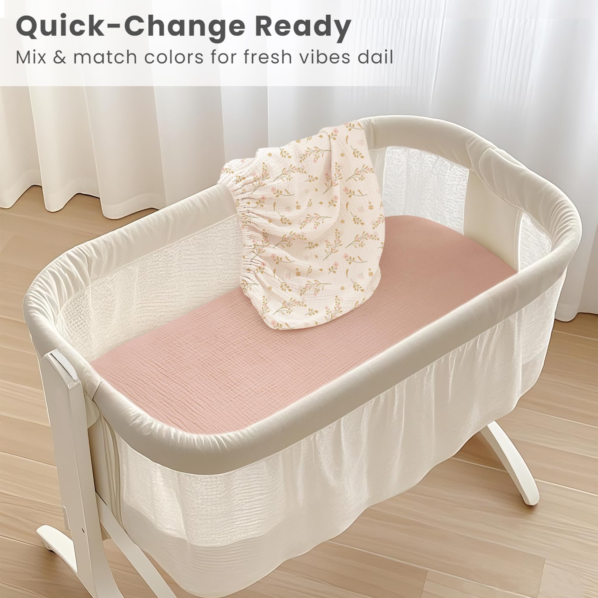 Konssy 2-pack bassinet sheets offer color options and convenient rotation for busy days.