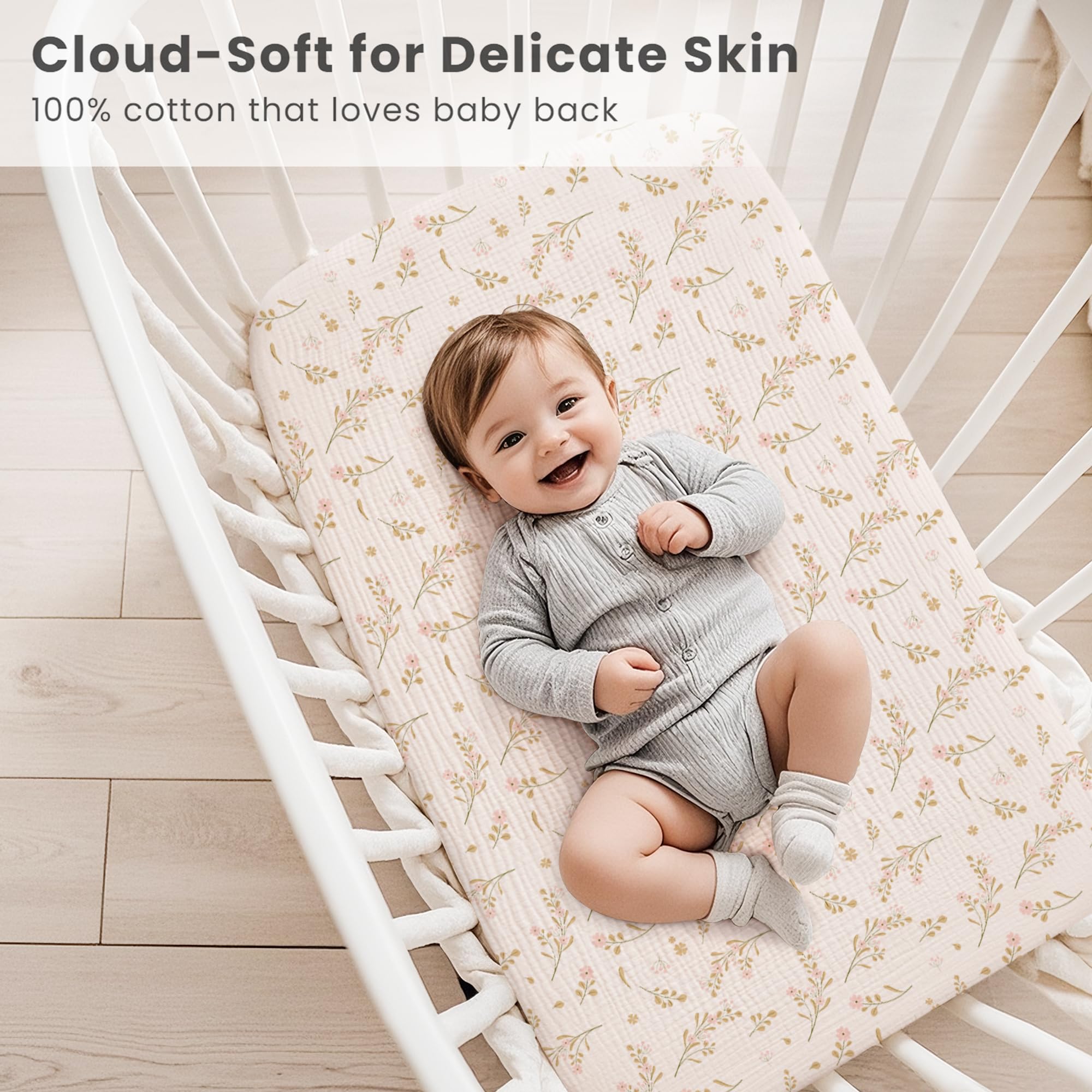 Konssy green floral bassinet sheet adds cute style while staying breathable for baby comfort.