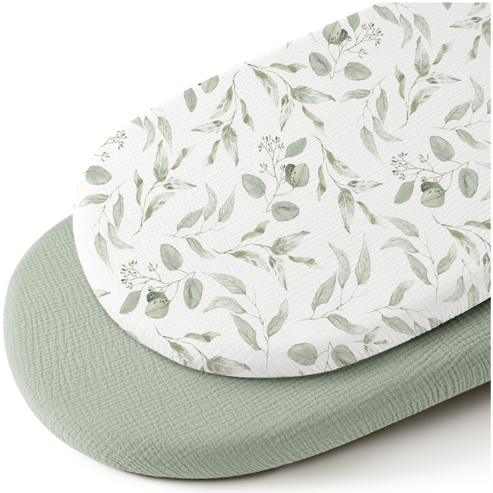 Konssy muslin bassinet sheets in green leaves design, soft and breathable