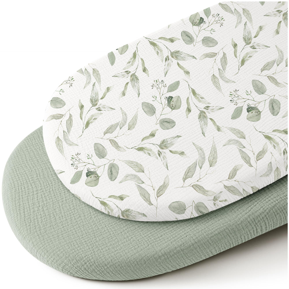Konssy muslin bassinet sheets in green leaves design, soft and breathable
