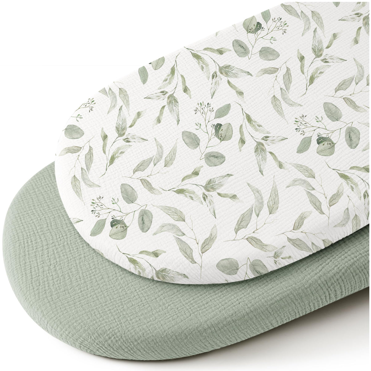 Konssy muslin bassinet sheets in green leaves design, soft and breathable