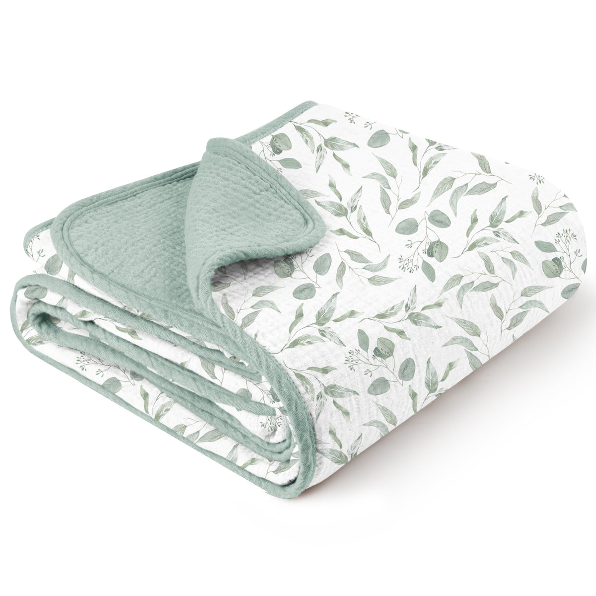 Konssy muslin blanket with green leaves pattern for soft, breathable baby warmth.