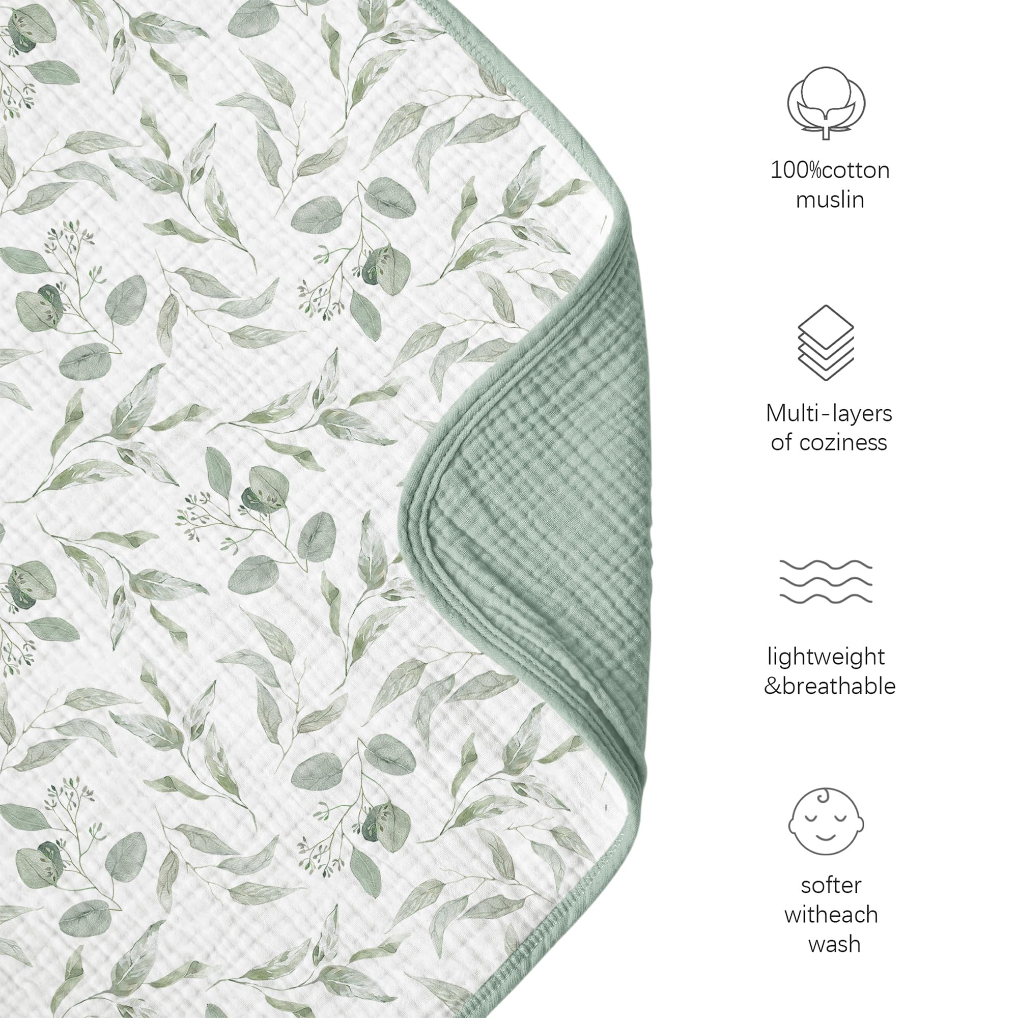 Wide view of Konssy muslin blanket spread to show 40x36 inch size.