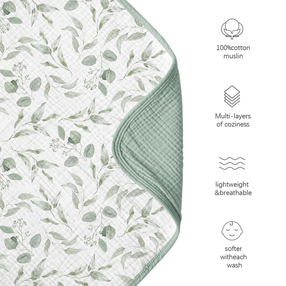 Wide view of Konssy muslin blanket spread to show 40x36 inch size.