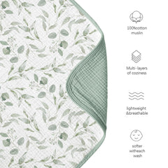 Wide view of Konssy muslin blanket spread to show 40x36 inch size.