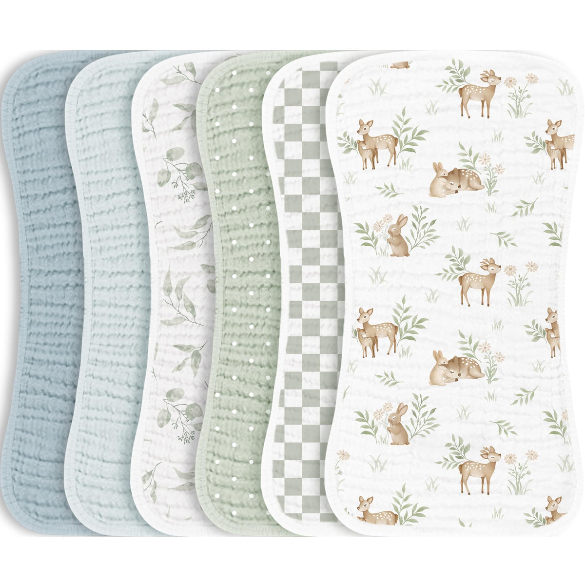 Konssy muslin burp cloths 6-pack, front view, soft and absorbent for baby care.