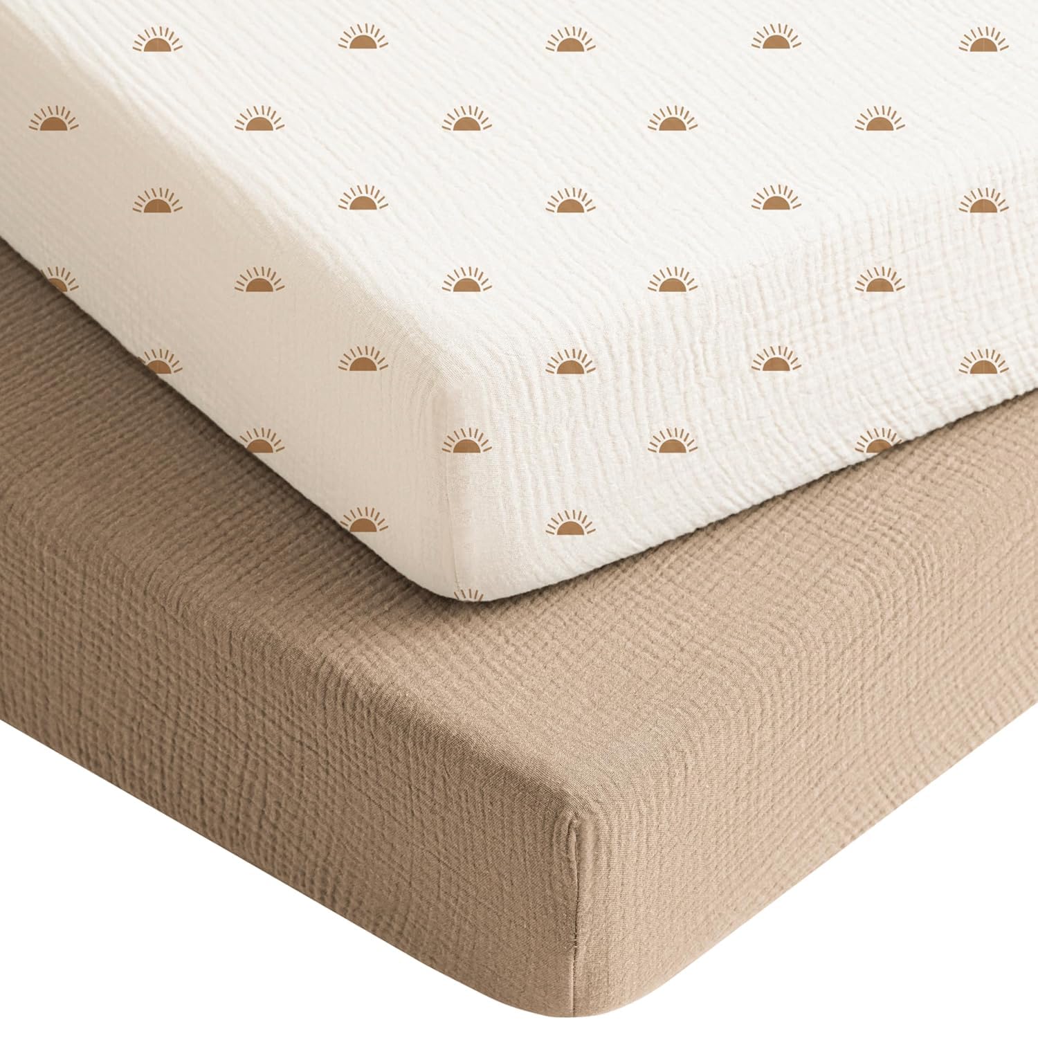 Konssy muslin crib sheets two-pack provides a soft, breathable sleep surface for baby naps