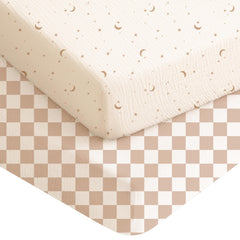 Konssy muslin crib sheets Coffee Check – breathable fabric for comfy naps.