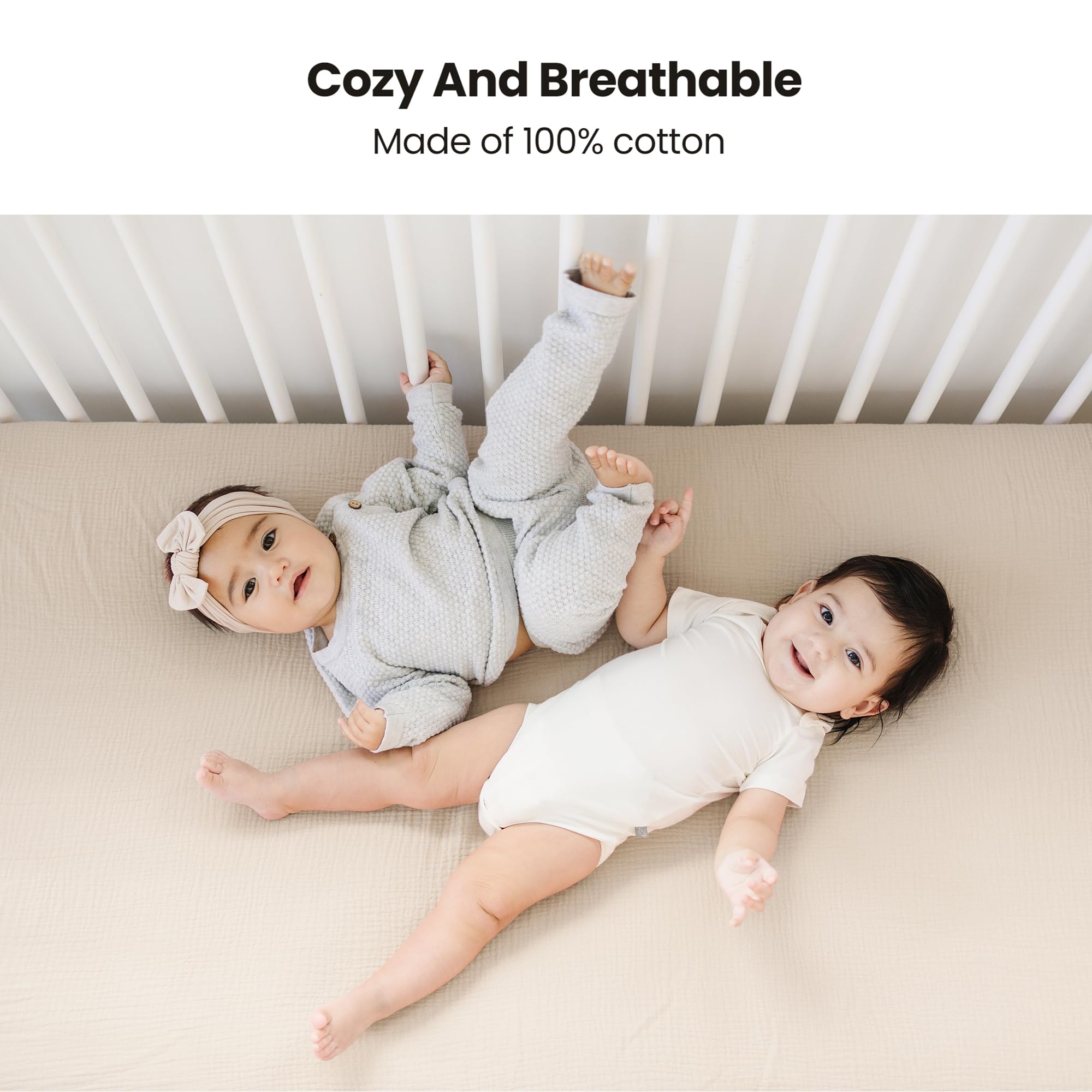 Konssy muslin crib sheets with 360-degree elastic keep them securely in place.