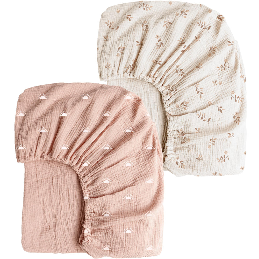 Konssy muslin crib sheets Pink Sun print offering breathable comfort for baby’s crib