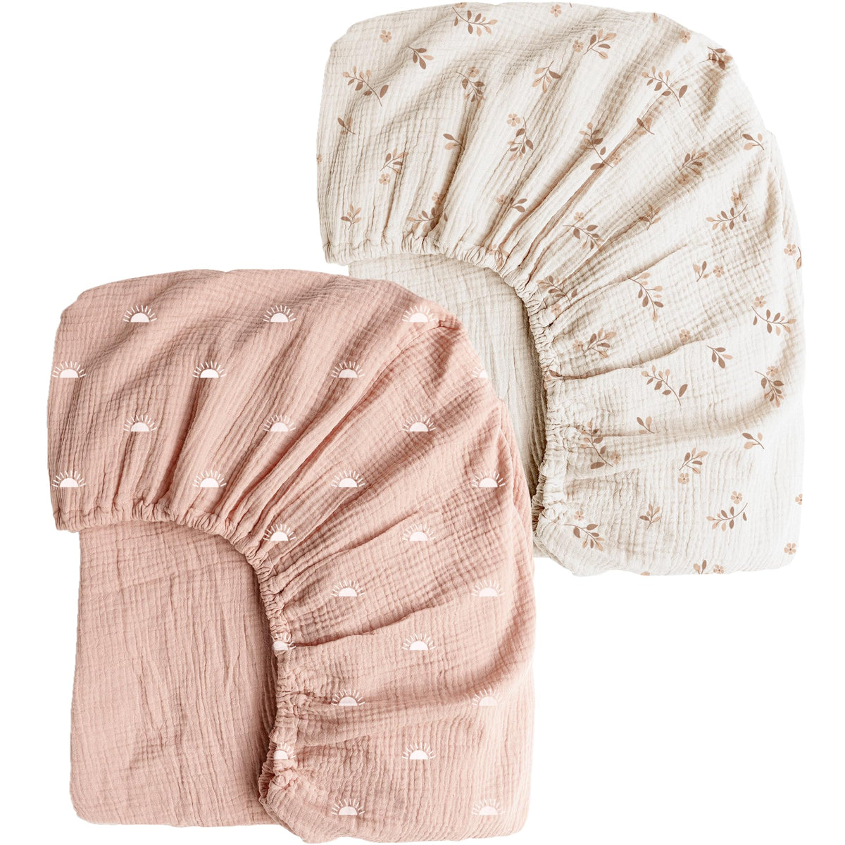 Konssy muslin crib sheets Pink Sun print offering breathable comfort for baby’s crib
