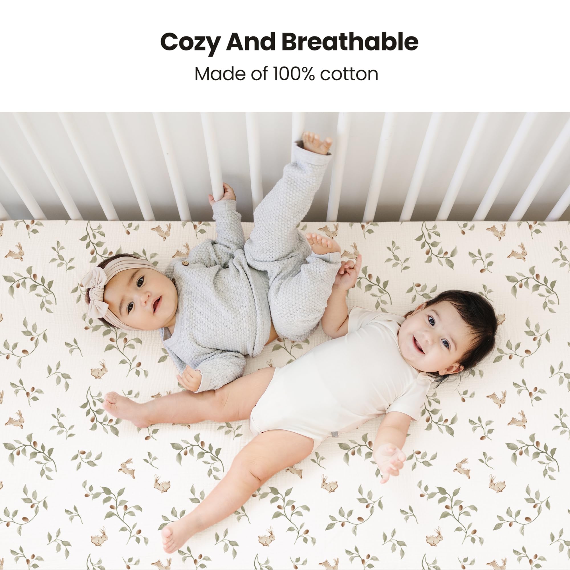 Close up of Konssy muslin crib sheets showing soft texture and color fidelity.