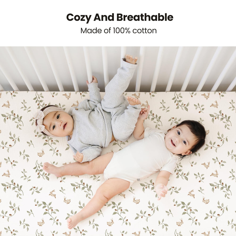 Close up of Konssy muslin crib sheets showing soft texture and color fidelity.